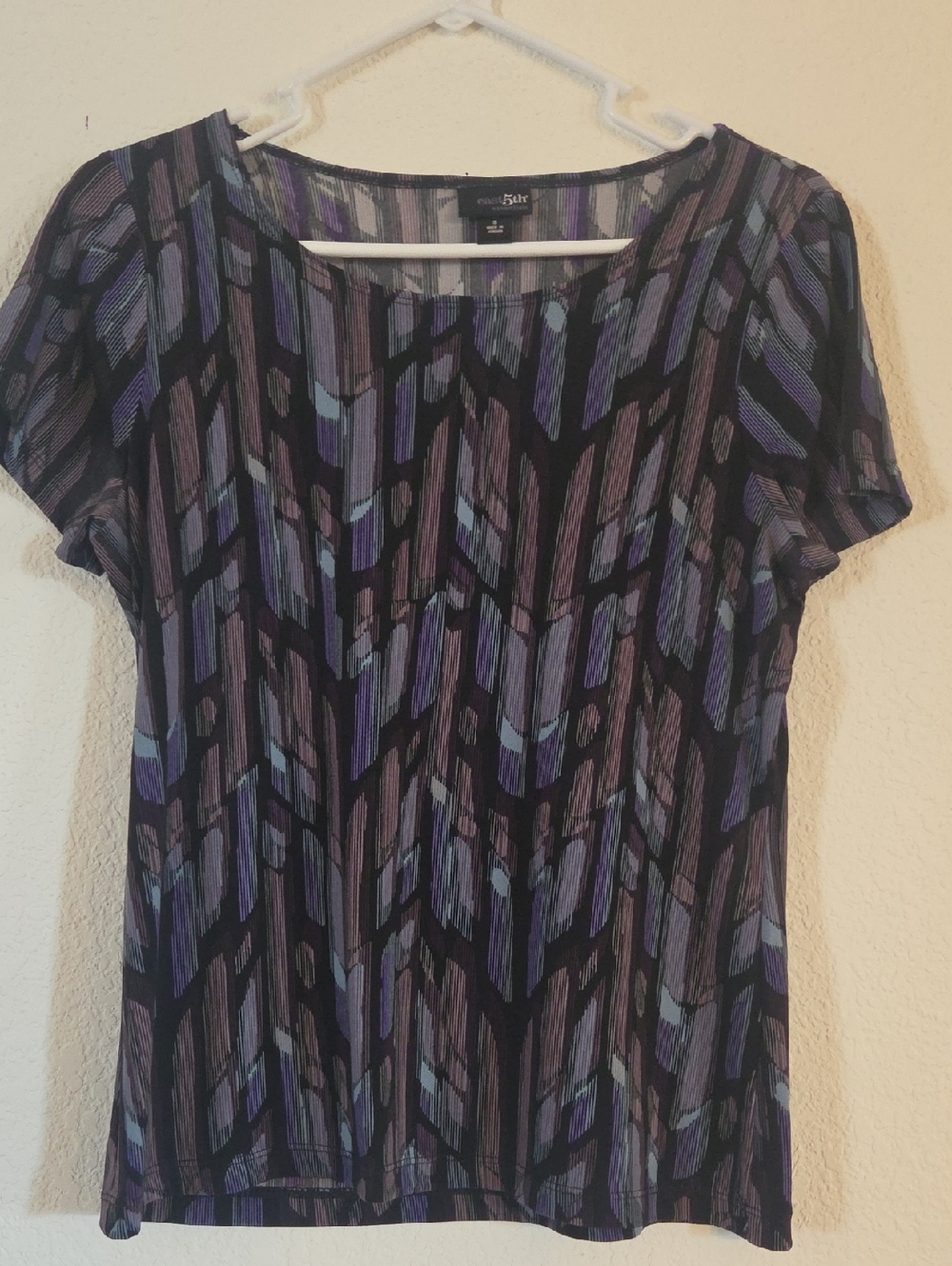East 5th Black Tee with Purple and Blue Geometric Stripe Print